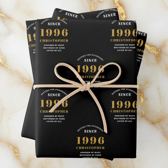 30th Birthday born 1996 Add Name Black Gold Wrapping Paper Sheet (1996 wrapping paper. White and gold background.)