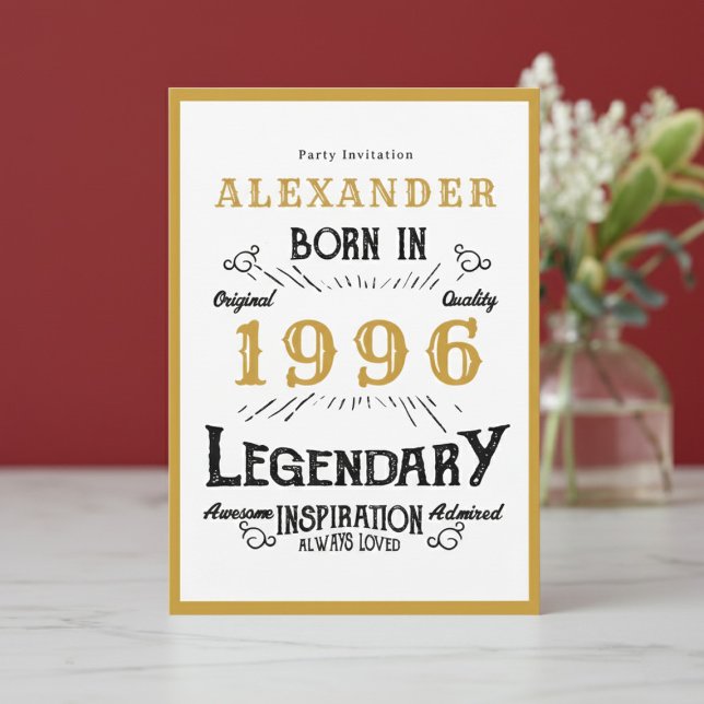 30th Birthday Born 1996 White Gold Legend Invitation (Born 1996 birthday invitation.)
