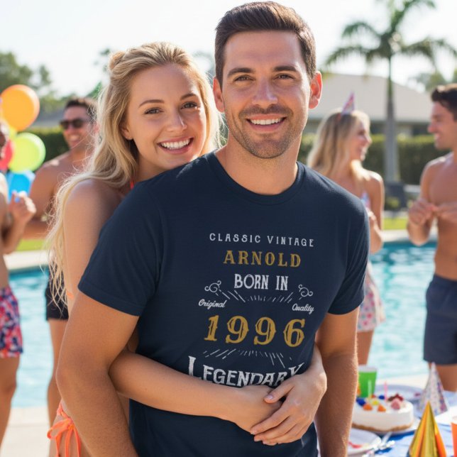 30th Birthday Born in 1996 Legend Personalised T-Shirt (1996 Legendary T-shirt worn next to a pool.)