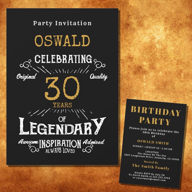 30th Birthday Born Legendary Black Gold Retro Invitation (For those celebrating their 30th birthday we have the ideal birthday party invitation)