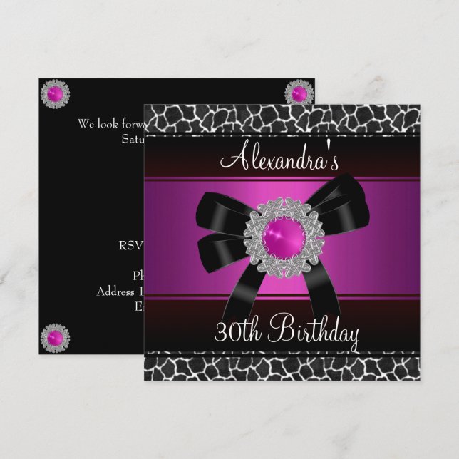 30th Birthday Bright Pink Giraffe Silver jewel 2 Invitation (Front/Back)