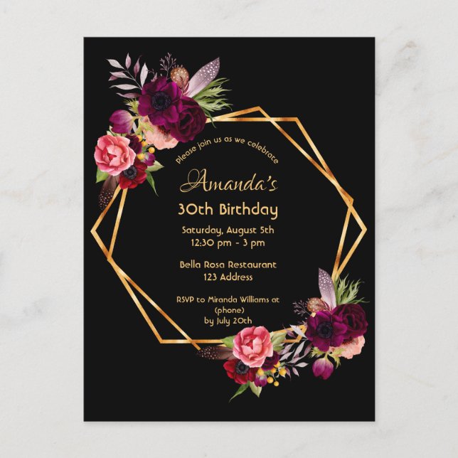 30th birthday burgundy gold black invitation postcard (Front)