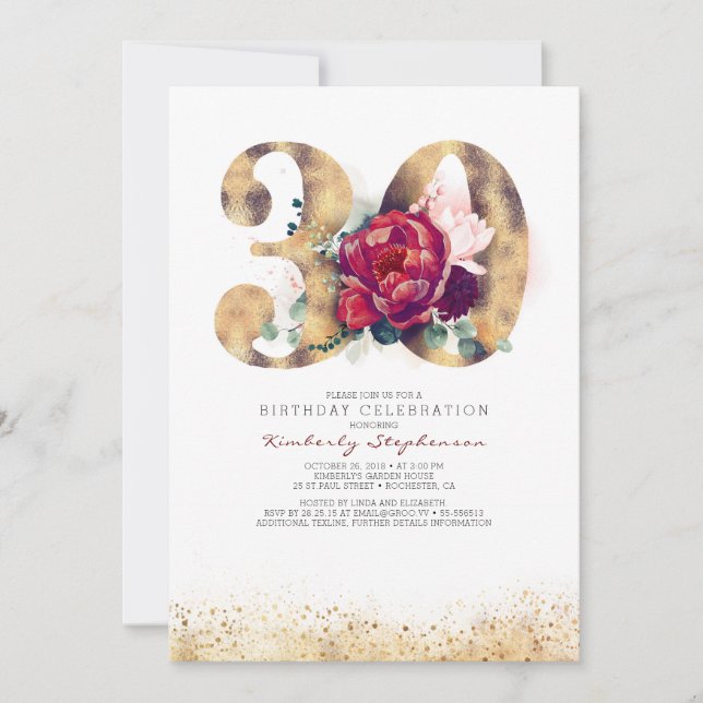 30th Birthday Burgundy Gold Floral Invitation (Front)