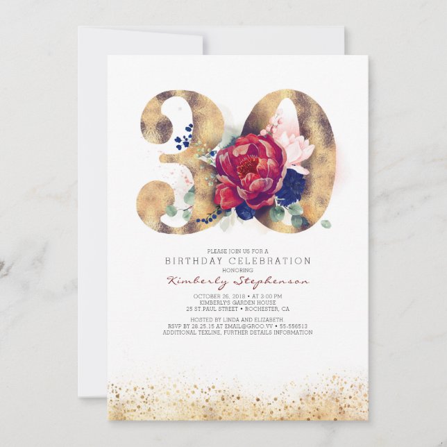 30th Birthday Burgundy Red and Navy Blue Invitation (Front)