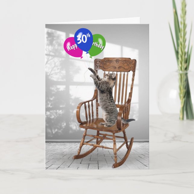 30th Birthday Cat With Balloons  Card (Front)