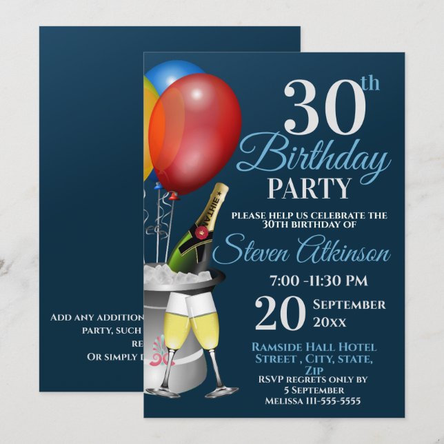 30th Birthday Celebration Sparkling Wine Party Invitation (Front/Back)