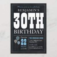 30th Birthday Chalkboard Blue Balloon Rustic Chic