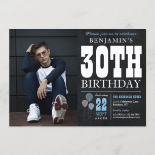 30th Birthday Chalkboard Blue Balloon Rustic Photo Invitation