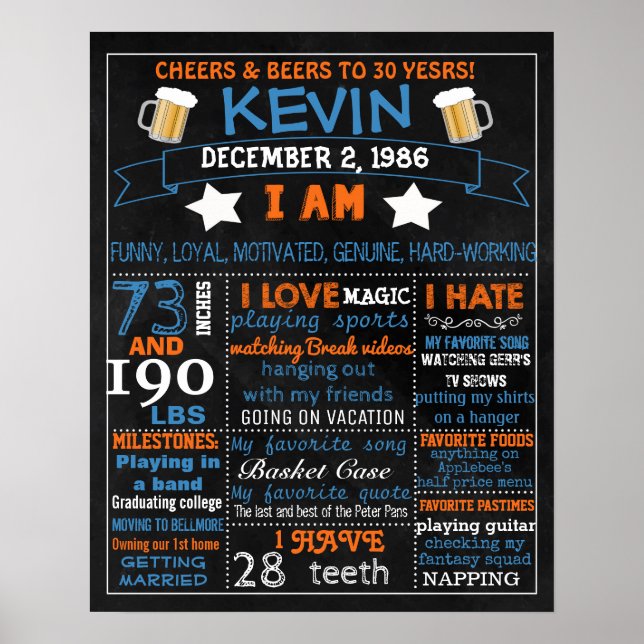 30th Birthday chalkboard sign for man men 40th 50 (Front)