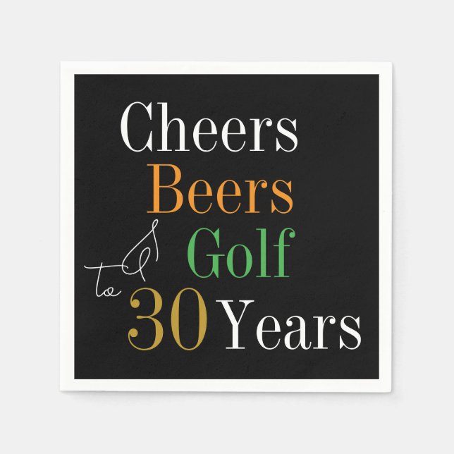 30th Birthday Cheers and Beers Golf Black and Gold Napkin (Front)