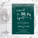 30th Birthday - Cheers To 30 Years Green Silver Invitation<br><div class="desc">30th Birthday Invitation. Cheers To 30 Years! Elegant design in emerald green,  white and silver. Features champagne glasses,  script font and glitter silver confetti. Perfect for a stylish thirtieth birthday party. Personalise with your own details. Can be customised to show any age.</div>