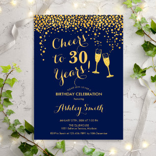30th Birthday - Cheers To 30 Years Navy Gold Invitation