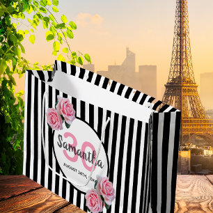 30th birthday chic pink roses black white stripes large gift bag