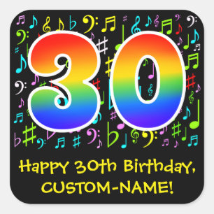 30th Birthday: Colourful Music Symbols, Rainbow 30 Square Sticker
