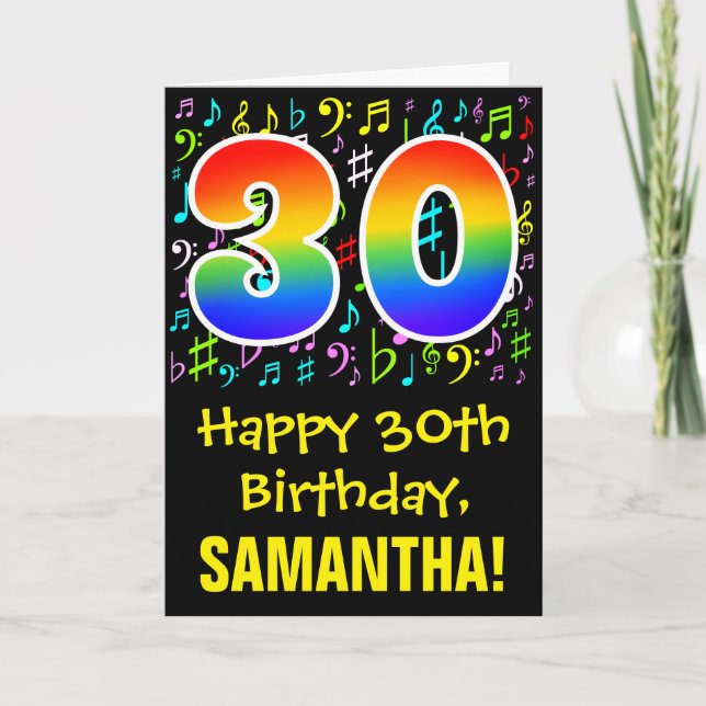 30th Birthday: Colourful Music Symbols + Rainbow 3 Card (Front)
