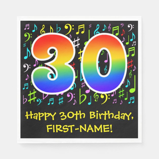 30th Birthday - Colourful Music Symbols, Rainbow 3 Napkin (Front)
