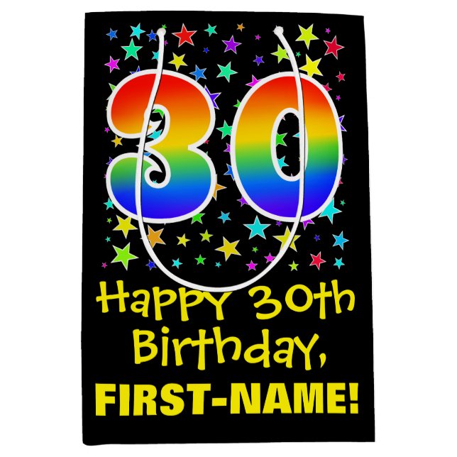 30th Birthday: Colourful Stars Pattern & Rainbow 3 Medium Gift Bag (Front)