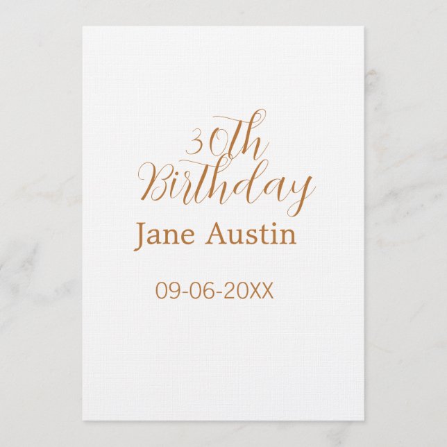 30th birthday copper brown simple stylish name dat invitation (Front)