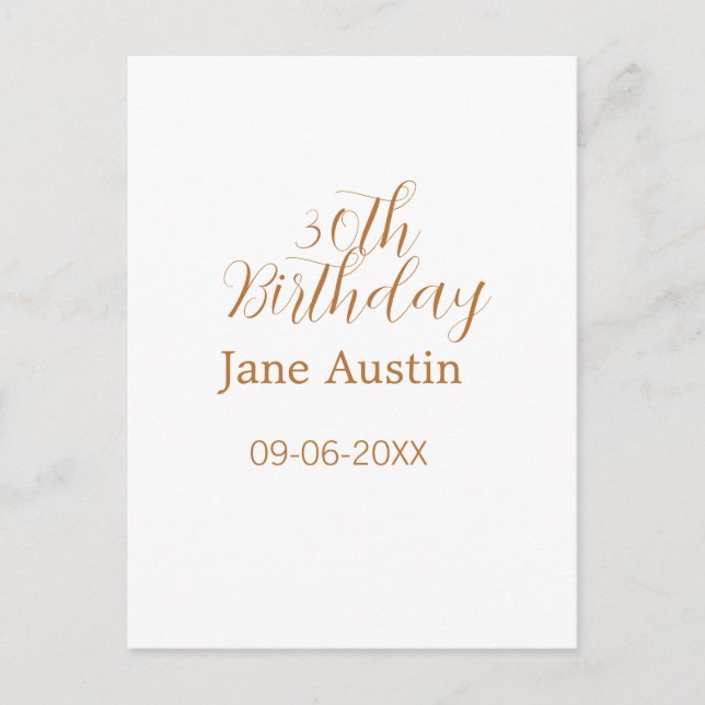 30th birthday copper brown simple stylish name dat postcard (Front)
