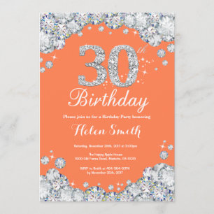 30th Birthday Coral and Silver Diamond Invitation