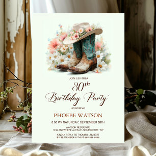 30th Birthday Cowgirl Boots and Hat Birthday Party Invitation