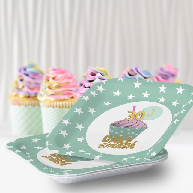30th Birthday Cupcake Cake Smash Party Green Stars Paper Plate (If you can't smash a cake when you're 30, when can you? Just add your initial and smash some cake.)