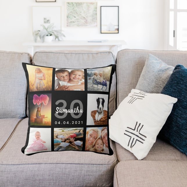 30th birthday custom photo collage woman black cushion (Creator Uploaded)