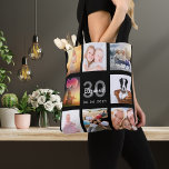 30th birthday custom photo collage woman black tote bag<br><div class="desc">A unique gift for a woman's 30th birthday, celebrating her life with a collage of 8 of your own photos, pictures. Personalise and add her name, age 30 and a date. A chic black background. Grey and white letters and numbers. The name is written with a modern hand lettered style...</div>