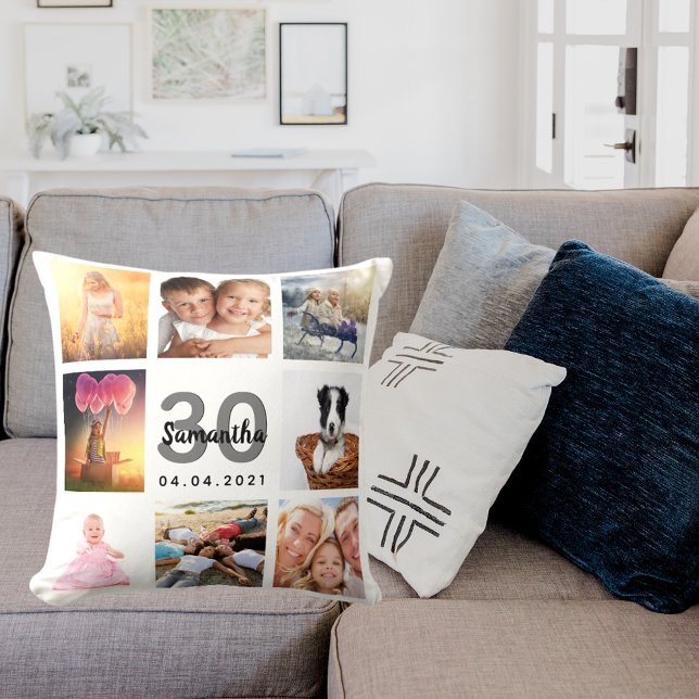 30th birthday custom photo collage woman white cushion (Creator Uploaded)