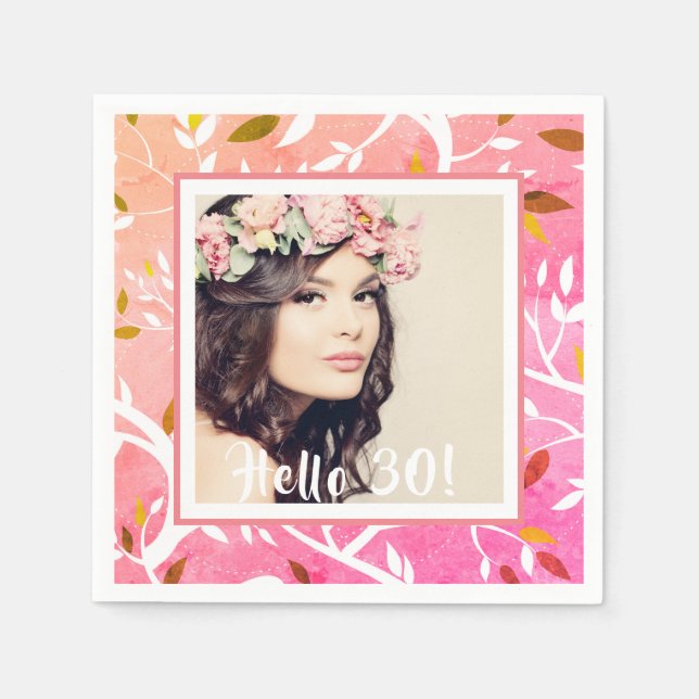 30th birthday custom photo pink botanical napkin (Front)