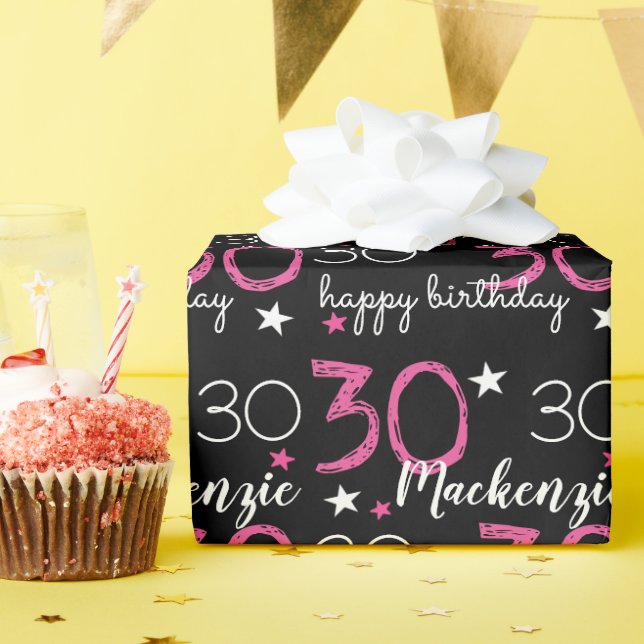 30th Birthday Custom Pink Black Wrapping Paper (Birthday Party)