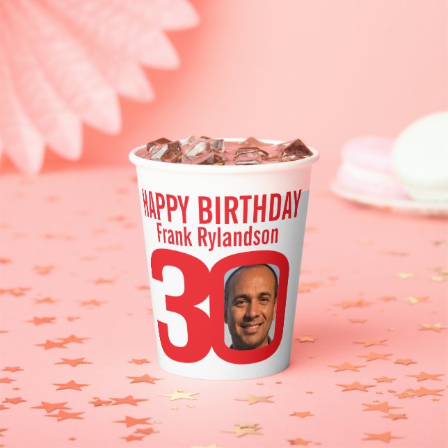 30th birthday custom two photo red white paper cups (Insitu)