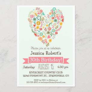 30th Birthday, Cute Floral Heart Birthday Party Invitation