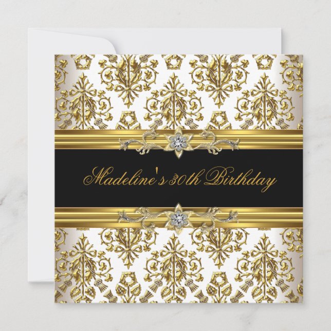 30th Birthday Damask Gold Floral Black cream jewel Invitation (Front)