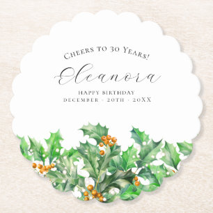 30th Birthday December Birth Flower Holly Custom Paper Coaster