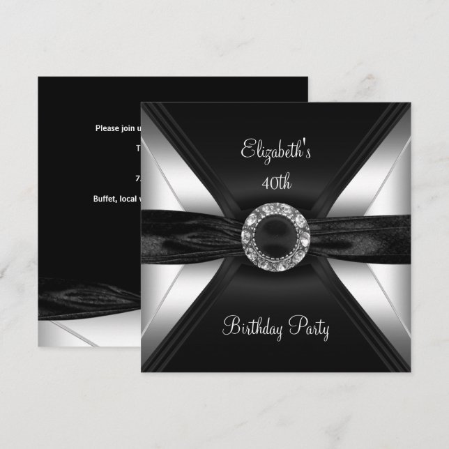 30th Birthday Diamond Image Black White Silver Invitation (Front/Back)