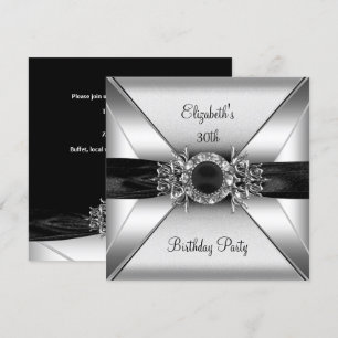 30th Birthday Diamond Jewel Black White Silver Invitation