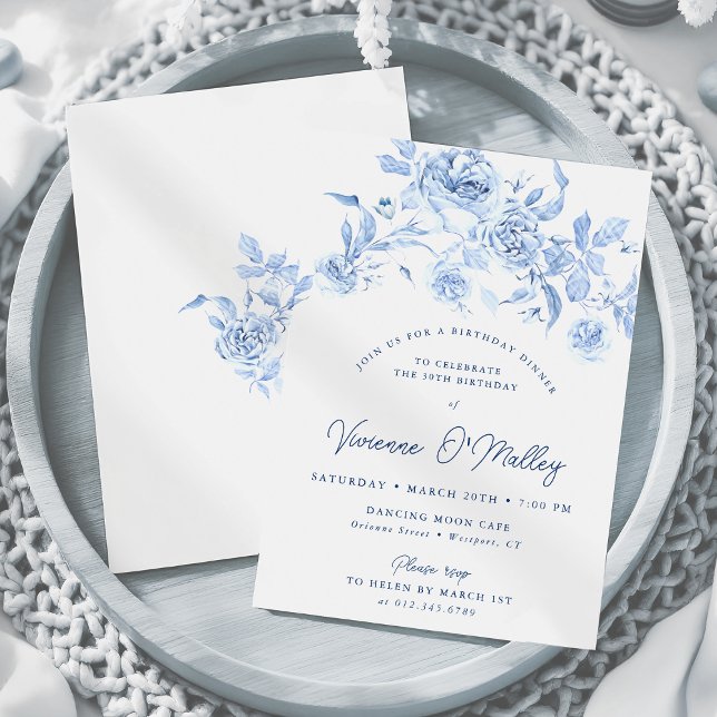 30th Birthday Dinner Party Dusty Blue Rose Floral Invitation (Creator Uploaded)