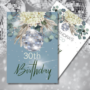 30th Birthday Dusty Blue Floral Disco Ball Invitation