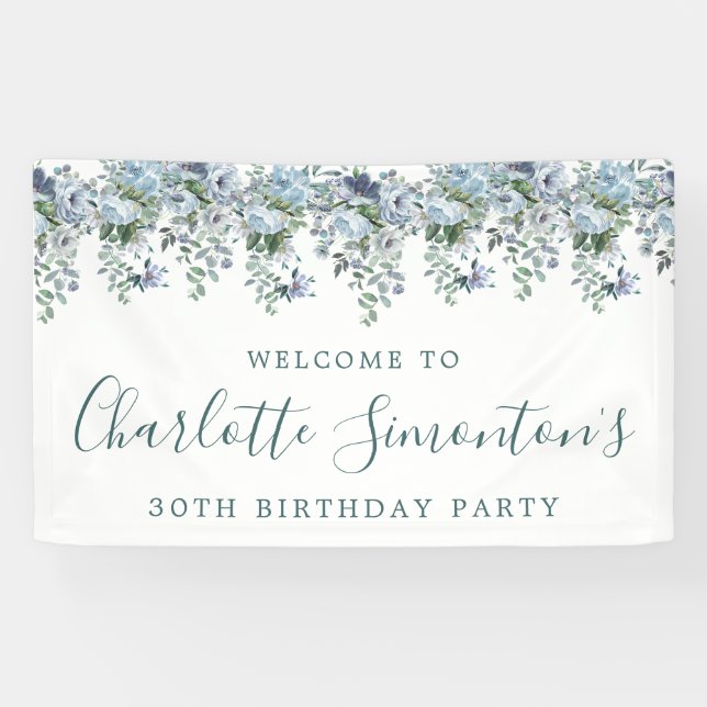 30th Birthday Dusty Blue Floral Welcome Banner (Horizontal)