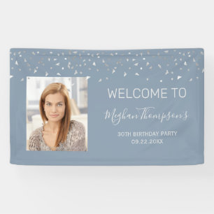 30th Birthday Dusty Blue Silver Confetti Welcome Banner