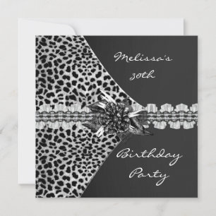 30th Birthday Elegant Black Grey Leopard Frilly Invitation