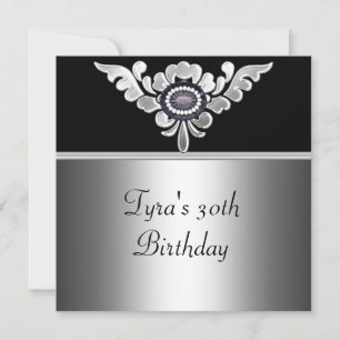 30th Birthday Elegant Black Silver White Jewel Invitation