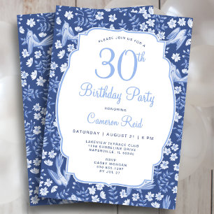 30th Birthday Elegant Blue Floral Feminine Bird Invitation