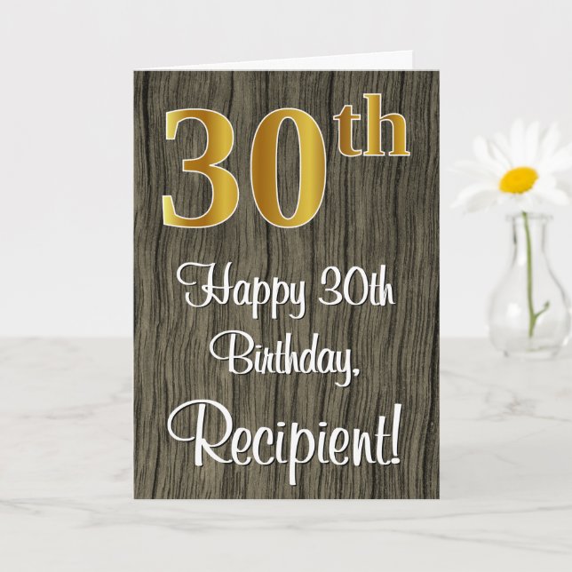 30th Birthday: Elegant Faux Gold Look #, Faux Wood Card (Small Plant)
