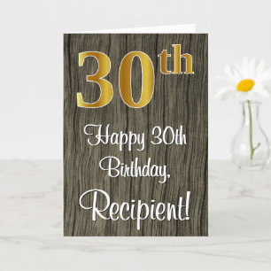 30th Birthday: Elegant Faux Gold Look #, Faux Wood Card