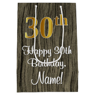 30th Birthday: Elegant Faux Gold Look #, Faux Wood Medium Gift Bag