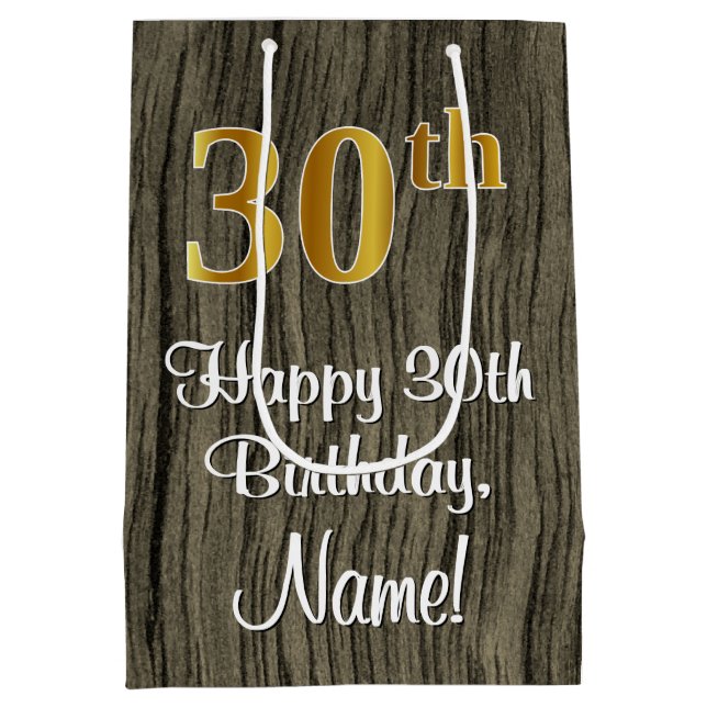 30th Birthday: Elegant Faux Gold Look #, Faux Wood Medium Gift Bag (Back)