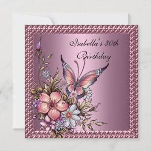 30th Birthday Elegant Floral Butterfly Pink Invitation