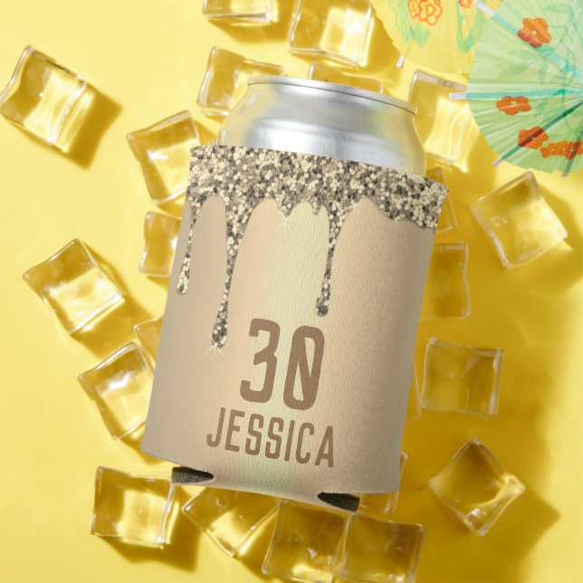 30th Birthday Elegant Golden Glitter Drip Favours Can Cooler (In Situ Summer)